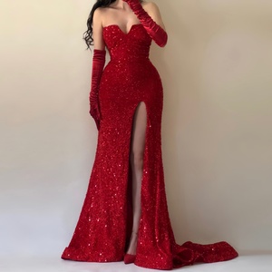 Robe de soirée sirène dorée à sequins pour femme, robe de bal scintillante avec fente sur l'épaule, longue robe de soirée formelle rouge à sequins - Product Image 2