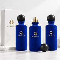 Flacon de parfum bleu floqué 100 ml, cylindre vide en verre avec pulvérisateur, flacon de parfum de luxe en velours, emballage de parfum personnalisé avec logo