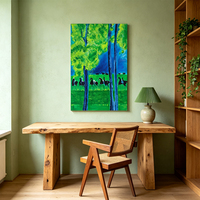 Tableau mural minimaliste village côtier bleu canard impasto fait main déco maison hôtel villa