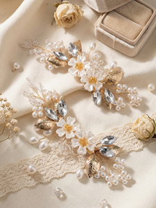 HS-J7526 Lot de 2 pinces à cheveux dorées pour mariée avec strass et perles, accessoires de <span class=keywords><strong>coiffure</strong></span> en forme de fleur et de feuille pour mariées, bal de promo - Product Image 2