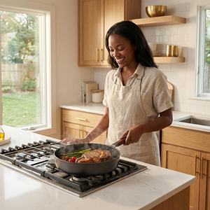 Poêle à frire antiadhésive en fonte avec revêtement de qualité alimentaire, résistante à la chaleur, manche en bois, compatible avec toutes les plaques de cuisson, pour la cuisine domestique - Product Image 1