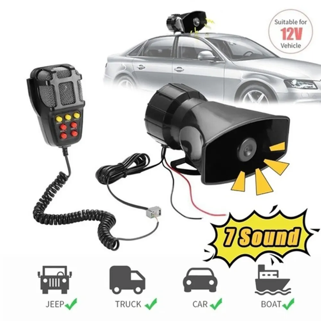 Factory DC 12V 100W 7 Sound Car Alarm Horn with MIC Plastic Loud Motorcycle Siren for Vehicle SUV Warning Alarm Loudspeaker Horn