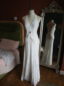 Robe de maternité vintage en <span class=keywords><strong>velours</strong></span> <span class=keywords><strong>blanc</strong></span> de la manor Hong Lichi, reproduction, col en V profond, taille empire, silhouette sirène - Product Image 3