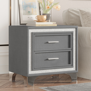 Mid Century Vintage Nightstand With Silver Glitter Strip Metal Legs Velvet <b>Bedside</b> Table 2 Drawers <b>Storage</b> Drawer - Product Image 2