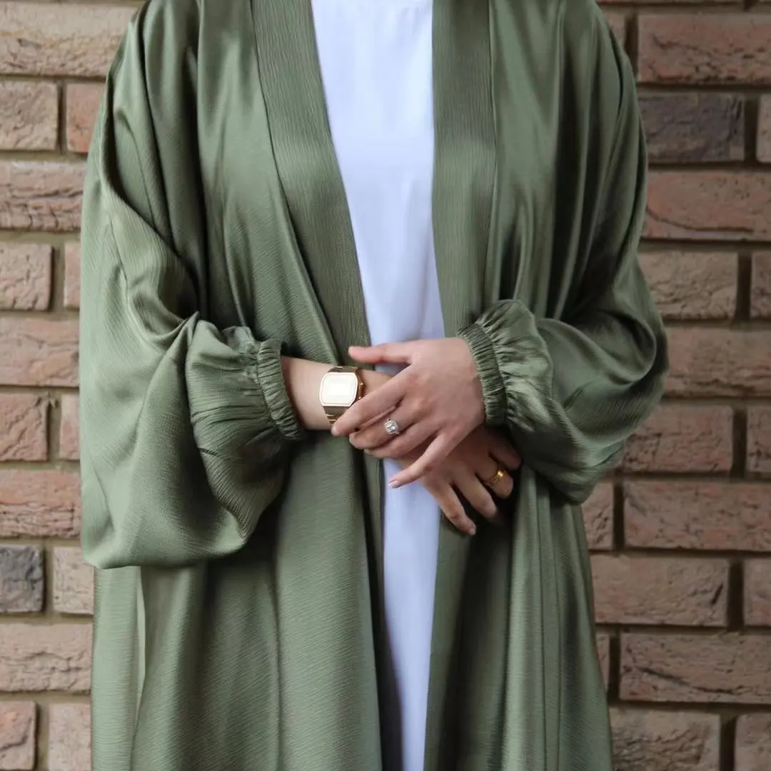 Eid donna Abaya Dubai morbido solido maniche a sbuffo abito musulmano caftano setoso Dubai turchia abito musulmano abbigliamento islamico Cardigan