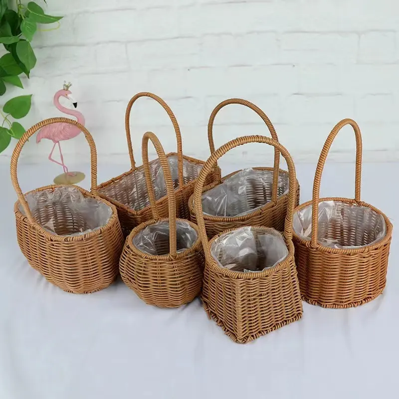 Rattan Flower Basket Handmade Wicker Planter Basket with Plastic Liner & Handle Woven Storage Basket for Home Wedding Decoration