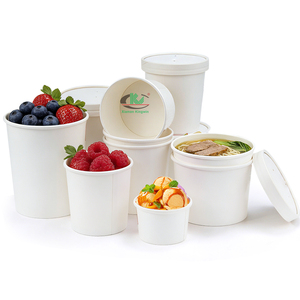 Seau à soupe en <span class=keywords><strong>carton</strong></span> blanc biodégradable avec couvercle, adapté aux plats à emporter et aux contenants alimentaires des supermarchés - Product Image 1