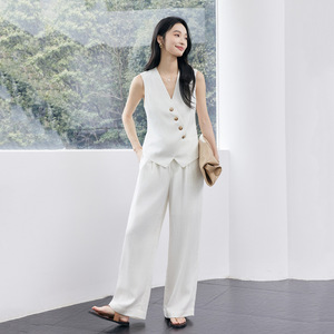 White Sleeveless Vest And Wide Leg Pants Set Solid Color Summer Leisure Women's Outfit - Product Image 3