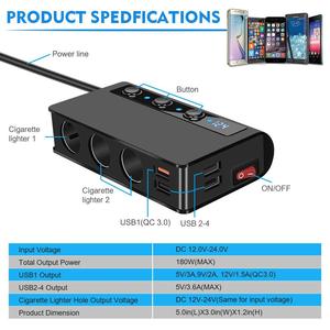 Adaptador de encendedor de cigarrillos para <span class=keywords><strong>coche</strong></span>, divisor QC3.0, cargador rápido USB, 4 puertos con voltímetro, 12-24V, accesorios para automóvil, 180W - Product Image 5