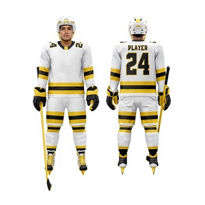 Conjunto de Jersey de Hockey sobre Hielo Personalizado, Blanco, Amarillo y Negro a Rayas, Manga Larga, Cuello en V, Absorbe la Humedad, 100% Poliéster Transpirable - Product Image 1