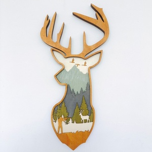 Décorations murales en <span class=keywords><strong>bois</strong></span> sur le thème des animaux de printemps, avec une tête de <span class=keywords><strong>cerf</strong></span> sculptée, représentant des animaux sauvages naturels, design moderne - Product Image 2
