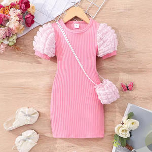 Vestido de Punto de Poliéster de Color Sólido con Cuello Redondo y Mangas Cortas con Volantes Ligeros para Niñas - Product Image 1