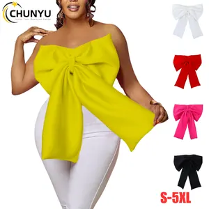 Women's Summer Sexy Elegant Slim Solid Off Shoulder Backless Big Bow Tie Tube Tops Strapless Tank Crop Shirts