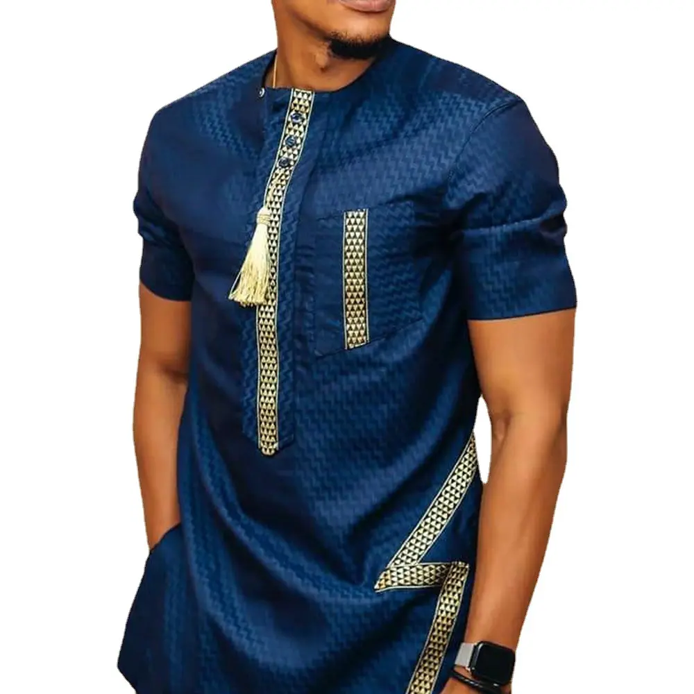 Nouvelle mode hommes imprimé motif à manches courtes chemise hauts (pas de gland) africain moyen-orient bouton décor ethnique chemise