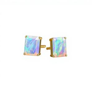 Boucles d'oreilles clous octogonales en opale éthiopienne blanche, opale multicolore, argent sterling 925 plaqué or 14 carats, faites à la main, pour anniversaire - Product Image 1