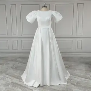 100% Real Photos Elegant Short Puffy Sleeves O-Neck Satin A-line Wedding Dress With Pockets Sweep Train Bride Gown For Women