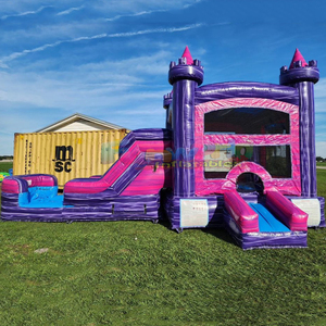 Château gonflable commercial pour enfants, thème palais violet, avec toboggan aquatique et zone de saut. - Product Image 1