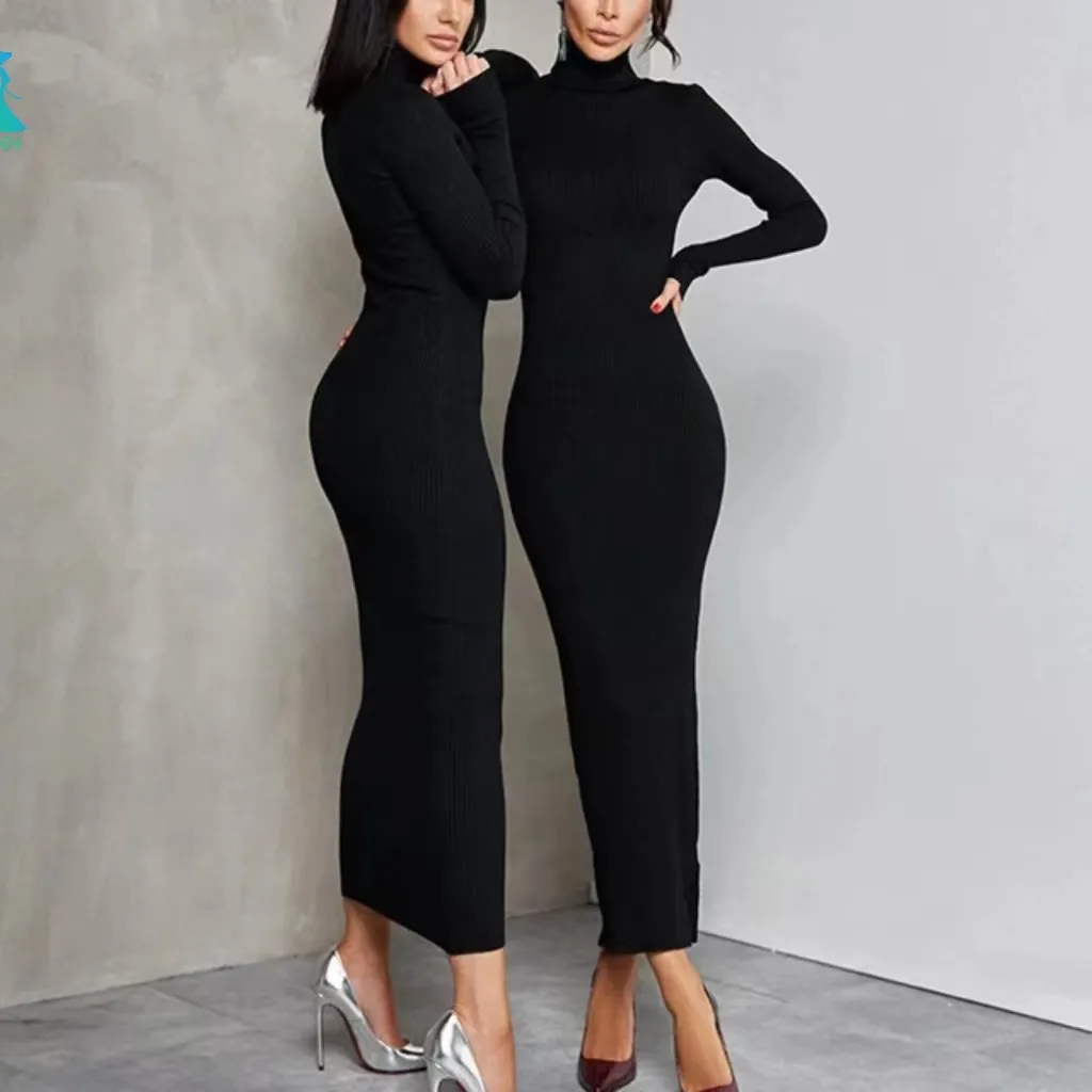 2023 musim dingin wanita mewah kerah tinggi Maxi kasual hitam Sweater ramping Bodycon seksi Crochet rajut lengan panjang Skims Gaun