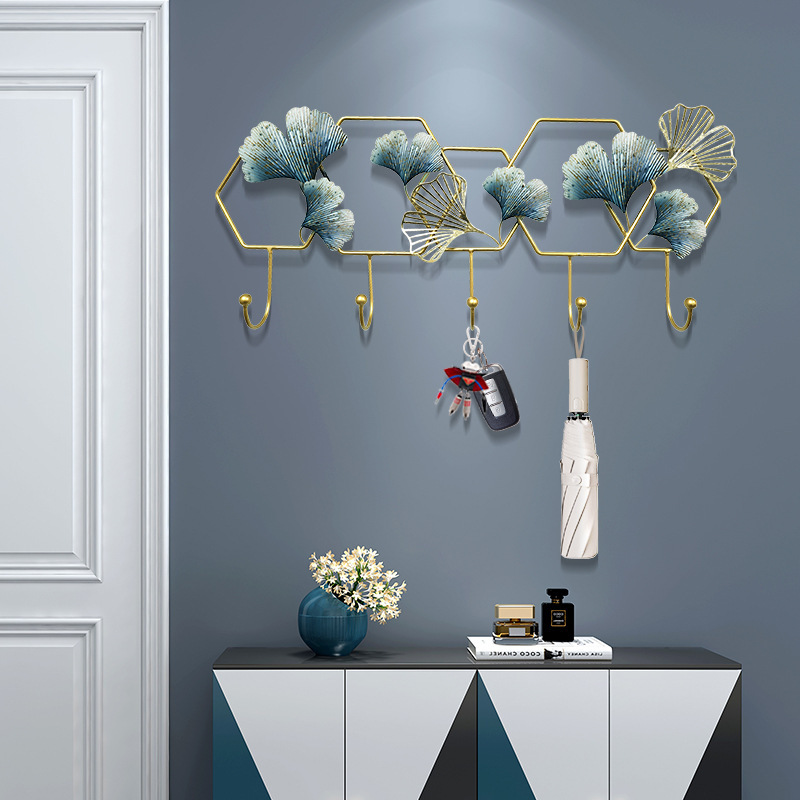 Porte-clés Mural En Fer Forgé – Forme Feuille De Ginkgo Dorée – 6 Crochets – Pour Entrée, Couloir, Cuisine – 38 X 20 X 4 Cm