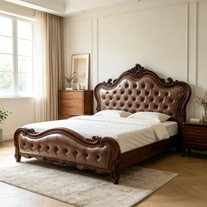 Victorian King Size Leather Upholstered Bed with Tufted Headboard and Carved Wood Frame - Product Image 6