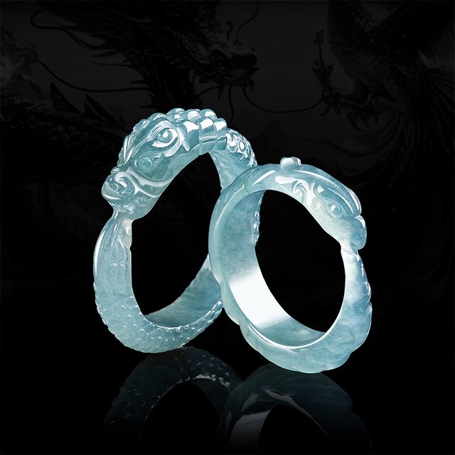 Wholesale Natural A-grade Ice Blue Jadeite Couple Valentine's Day Chinese Dragon Phoenix Auspicious Jade Rings Anniversary Gift