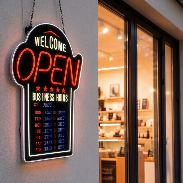 Waterproof LED Open Sign with Programmable Timer Smart Business Hours for Indoor Outdoor Store Use