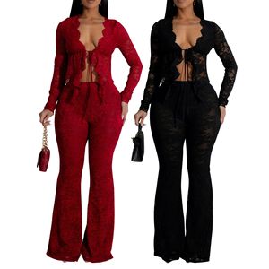 Conjunto de Dos Piezas de Encaje Sexy para Mujer, Top Corto Transparente de Manga Larga y Pantalones Acampanados, Conjuntos Combinados Transparentes - Product Image 1
