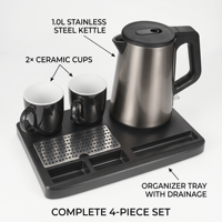 Bouilloire électrique manuelle en acier inoxydable à double paroi de 1 L avec plateau et deux tasses pour usage domestique