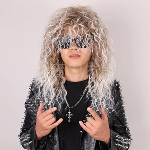 Pelucas de los 80 para <span class=keywords><strong>Hombre</strong></span>, Pelucas Largas y Onduladas Negras Estilo <span class=keywords><strong>Mullet</strong></span> para Mujer, Peluca de Rocker de Heavy Metal, Peluca para Disfraz de Halloween, Venta al Por Mayor - Product Image 4