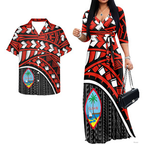 Novos Conjuntos de Roupas para Casais com Estampa da Bandeira de Guam, Vestido e Camisa com Decote em V e Cinto na Cintura para Férias na Praia Tropical - Product Image 4