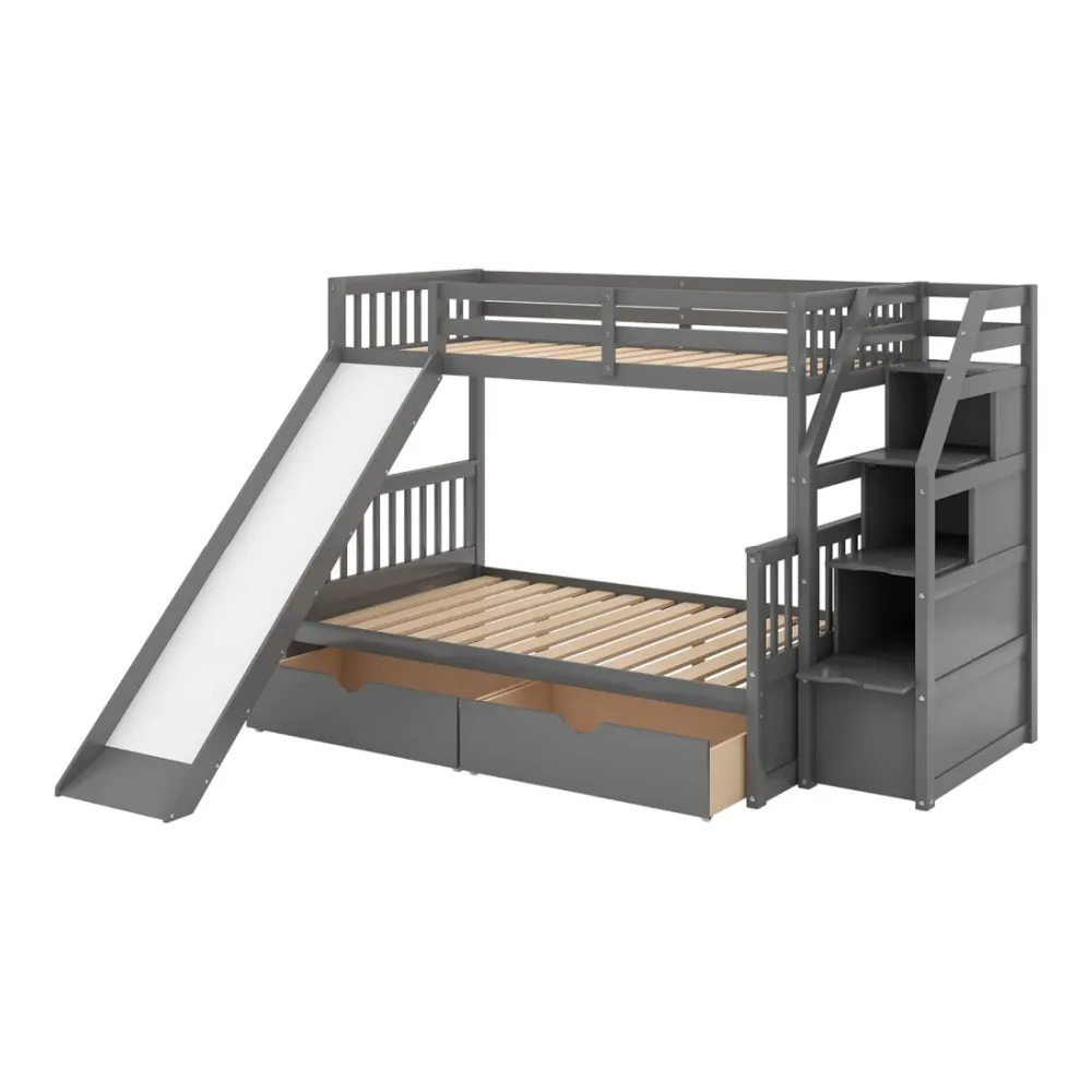 モダンなデザインのツインオーバーフル二段ベッド (階段付き) とスライド式多機能木製二段ベッド (収納付き)