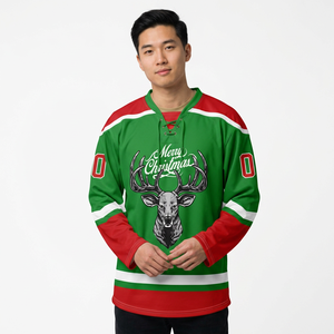 Maillot de hockey sur glace personnalisé avec imprimé de renne de Noël, 100% polyester, vert et rouge, col en V, manches trois quarts, sublimé, séchage rapide - Product Image 1