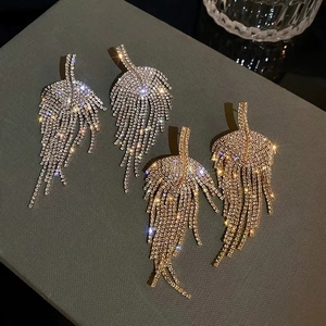 Fashion Jewelry Women Dinner Dress Accessories 925 Sterling Silver <b>Long</b> Tassel Full Rhinestone Leaf <b>Earrings</b> - Product Image 3