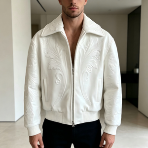 High Fashion <strong>White</strong> Embossed Leather Bomber <strong>Jacket</strong> with Quilted Lining <strong>Men's</strong> <strong>White</strong> Faux Leather Bomber <strong>Jacket</strong> Full-Zip Streetwear - Product Image 3