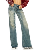 ODM OEM botte droite en denim à taille haute et à imprimé vintage botte de singe élastique personnalisée Wah moustache brodée bouton de rivet sexy