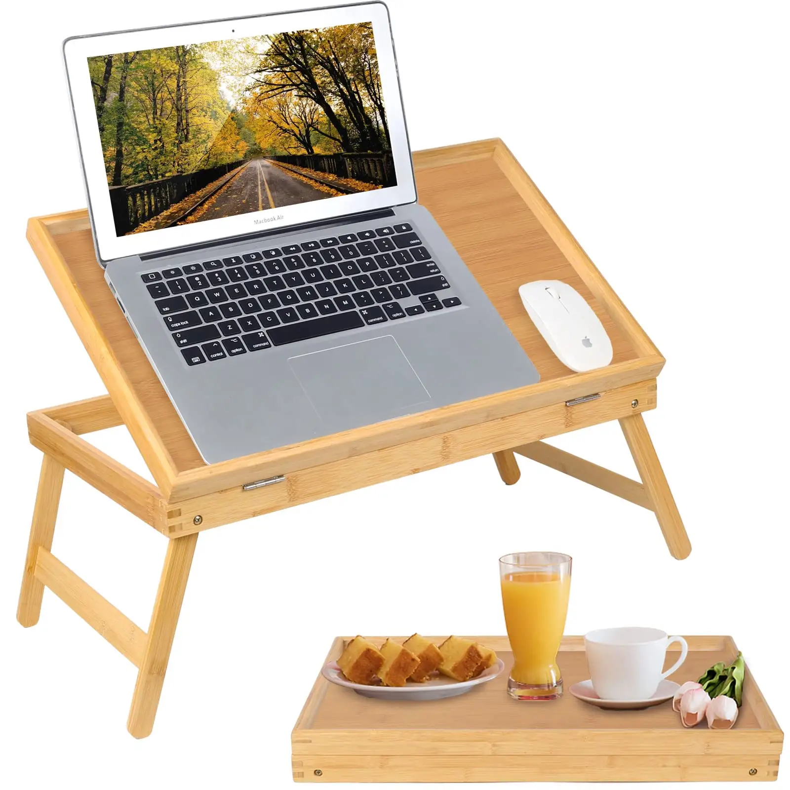 Bed Table Wooden Laptop Stand With Handles Folding Legs Small Table Bamboo Breakfast Food Tray With Media Slot Table For Laptop