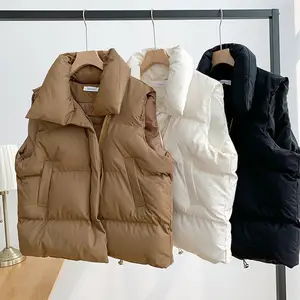 Winter Women's Vest Stand Collar Zipper Sleeveless Padded Puff Jacket Overcoat Solid Color Loose Drawstring Waistcoat Vest Coat