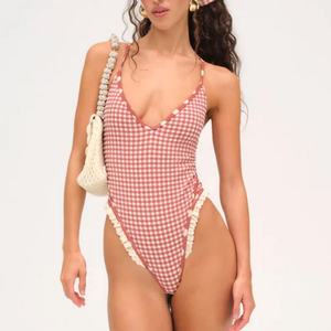 Traje de Baño de una Pieza para Mujer, Estampado a Cuadros, con Volantes, Traje de Baño de una Pieza de Nailon Reciclado Personalizado - Product Image 2