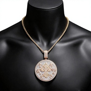 Collier pendentif croix ronde en argent tibétain plaqué or rose/argent/or avec micro-incrustation de zircon rond, bijoux de fête hip-hop - Product Image 4