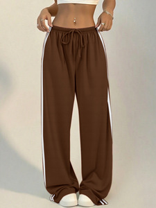 Pantalones de chándal de mujer de cintura alta a rayas de pierna ancha, holgados e informales <span class=keywords><strong>con</strong></span> cordón y dobladillo dividido para ropa urbana y de descanso - Product Image 3