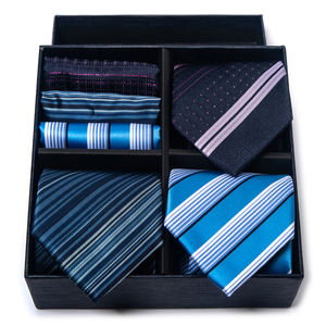 Coffret Cadeau de Luxe 3 Pièces : Cravate, <span class=keywords><strong>Mouchoir</strong></span> et Boutons de Manchette pour Homme, Accessoires de Costume Points Dorés sur Fond Noir - Product Image 4