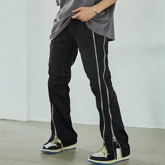 Wholesale Solid Color Zipper Open Pants Men'S Cotton Drawstring Drop Straight Loose Pants Men Flared Stacked Pants