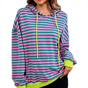 Sweat-shirts rayés pour femmes, pull à capuche oversize avec cordon de serrage, pull ample décontracté en polaire pour l'hiver et l'automne - Product Image 1