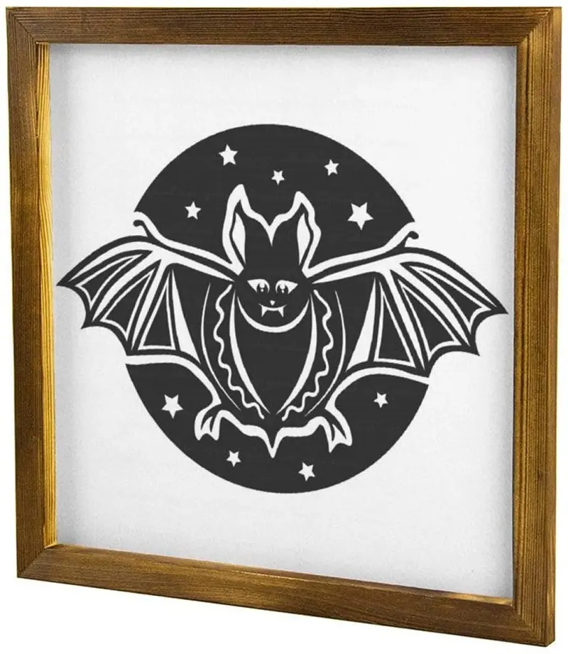 Ramed Wood Sign Bat On The Moon Bat Halloween Cute Designs Wall Hanger Wooden Sign Wall Art Home Decor Sign