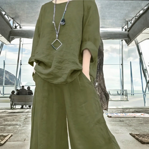 Conjunto de Abaya para Mujer Talla Grande, Material de Rayón, Cuello Sólido, Top de Manga Larga y Pantalones Anchos con Bolsillos, Traje de Dos Piezas - Product Image 3