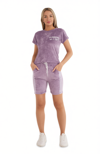 Completo Tuta Sportiva da Donna Estiva con Stampa Frontale, Maniche Corte, Girocollo, Pantaloncini con Coulisse, in Poliestere Traspirante, Tinta Unita, Casual - Product Image 1