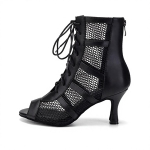 <b>Women</b> Black Mesh Ankle Boots Lace Up Open Toe Low <b>Heel</b> Dance Shoes Synthetic Upper High Quality Leather Low MOQ OEM ODM DDP - Product Image 4