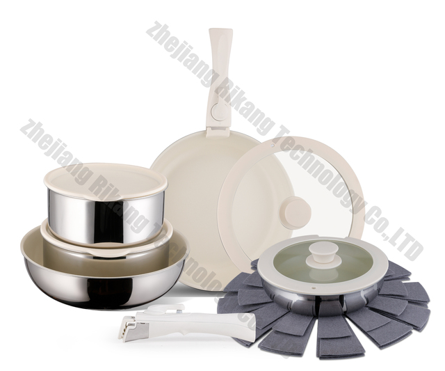 Ceramic Nonstick Cookware Set 15 Piece with Detachable Handle, Induction Dishwasher Oven Safe Pans and Pots Set