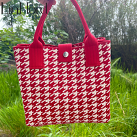 Sac à main chic en tricot jacquard à motif pied-de-poule, sac fourre-tout rétro à carreaux rouges pour les fêtes et les cadeaux