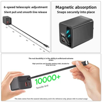 Chargeur rapide GaN 65W 2 ports USB-A/Type-C PD avec câble USB-C rétractable pour ordinateur portable, téléphone, tablette, appareil photo, logo personnalisé gratuit